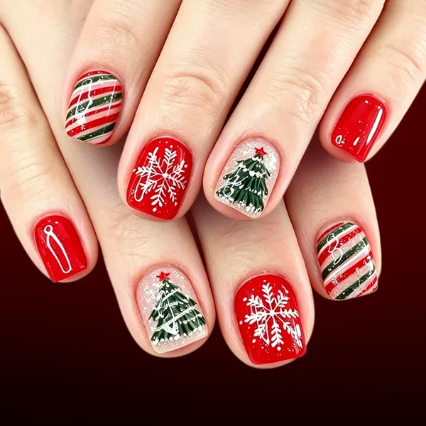 Short, shiny square nails with red, green, and white stripes, snowflakes, and Christmas tree glitter designs for Christmas, 24 pieces