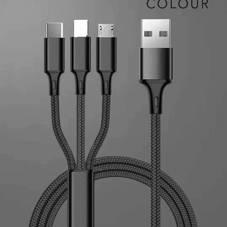 Кабель для зарядки совместимый с Apple и Huawei, 3-в-1 из braided алюминиевого сплава, длина 1,2 м, USB-A на Lightning/Type-C/Micro-USB