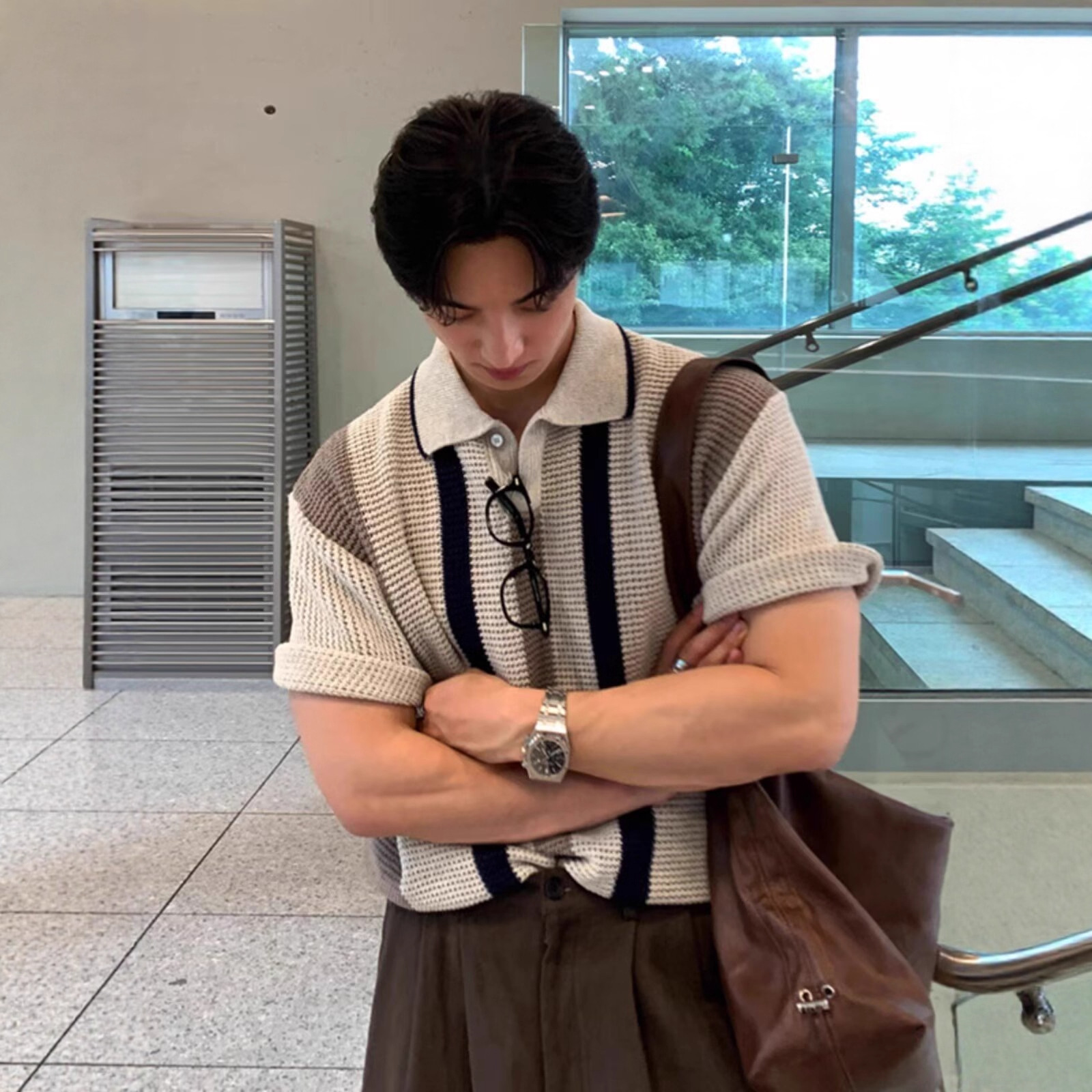 Men's High Quality Breathable Hollowed Out Color Block Knit Polo Shirt Korean Style Vertical Striped Short Sleeved T-Shirt For Spring/Summer_viptrois.com