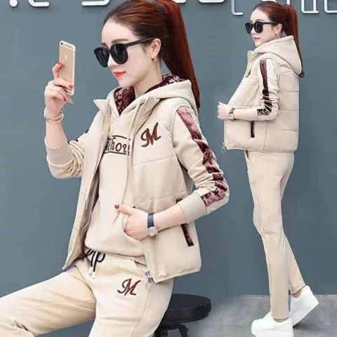 加绒加厚运动服女秋冬季2025新款大码休闲三件套冬季时尚卫衣