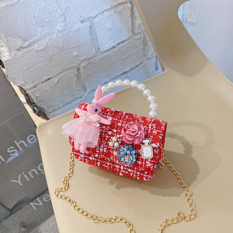 Estilo coreano Chanel estilo niñas bolsa de mensajero princesa moda dibujos animados moda lindo cadena accesorios perla bolso bolsa