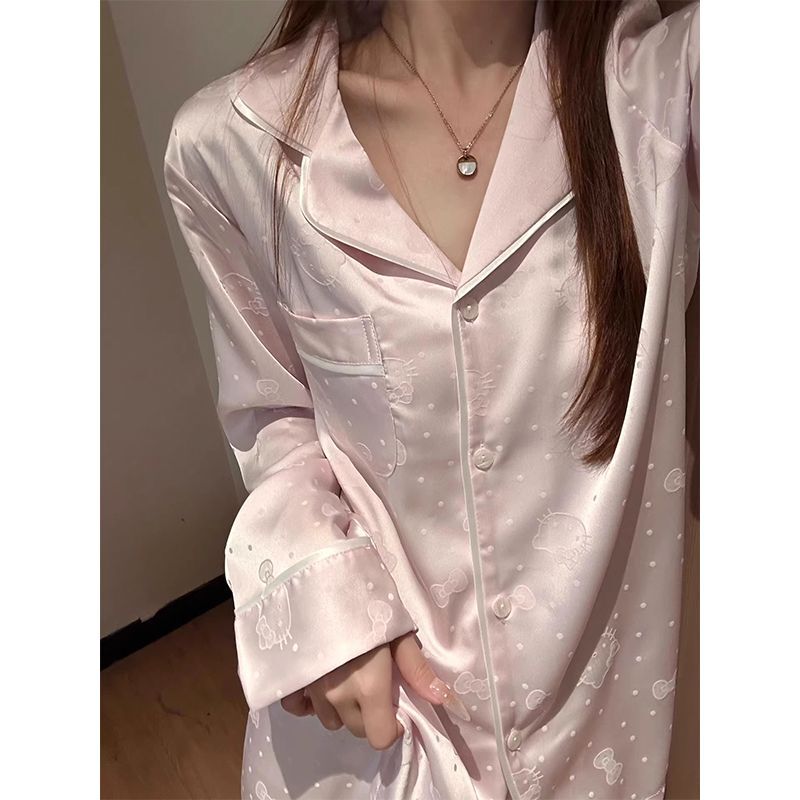 Cooling Ice Silk Pajamas for Women, Spring and Summer Long-Sleeved Long Pants, Jacquard Stretch Silk, Cartoon Sweet Girl Home Wear Cooling Ice Silk Pajamas for Women, Spring and Summer Long-Sleeved Long Pants, Jacquard Stretch Silk, Cartoon Sweet Girl Home Wear