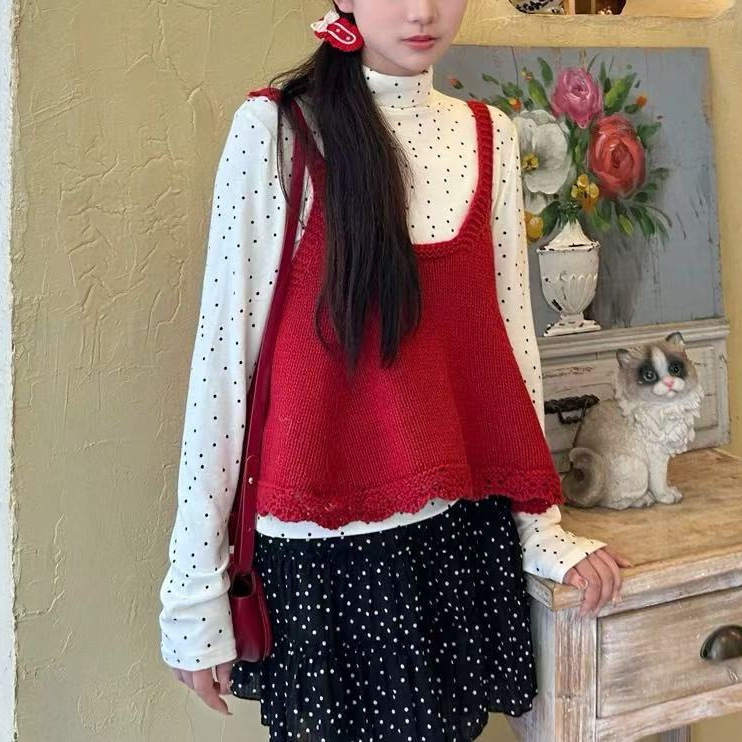 Korean Early Autum New Style Layered Outer Loose Sleeveless Sweater Vest Age-Reducing Lace Knitted Suspender Vest for Women