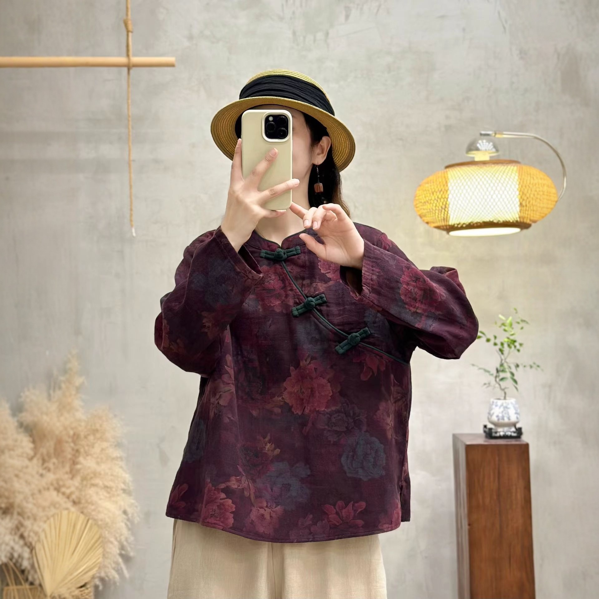 2025秋季新款国风斜襟印花棉麻上衣女文艺复古宽松长袖T恤