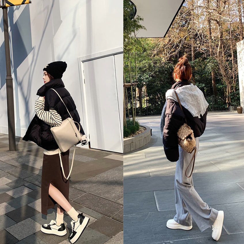 Versión de cuero de vaca de alto nivel ~ Grape Madre Reducción de edad Redonda de lazos de suela gruesa zapatos casuales blancos zapatos de skate de mujer