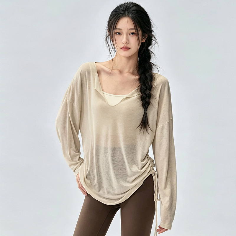 Fitness set, loose-fitting yoga top, casual and slimming athletic cover-up, V-neck, breathable, long-sleeved Pilates training top Fitness set, loose-fitting yoga top, casual and slimming athletic cover-up, V-neck, breathable, long-sleeved Pilates training top