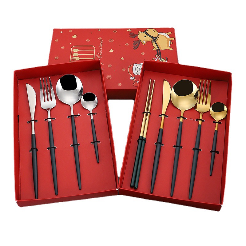 Amazon caja de regalo de Navidad transfronteriza cuchillo de acero inoxidable portugués, tenedor y cuchara conjunto de cuatro piezas cuchillo de carne y tenedor cuchara de comida principal