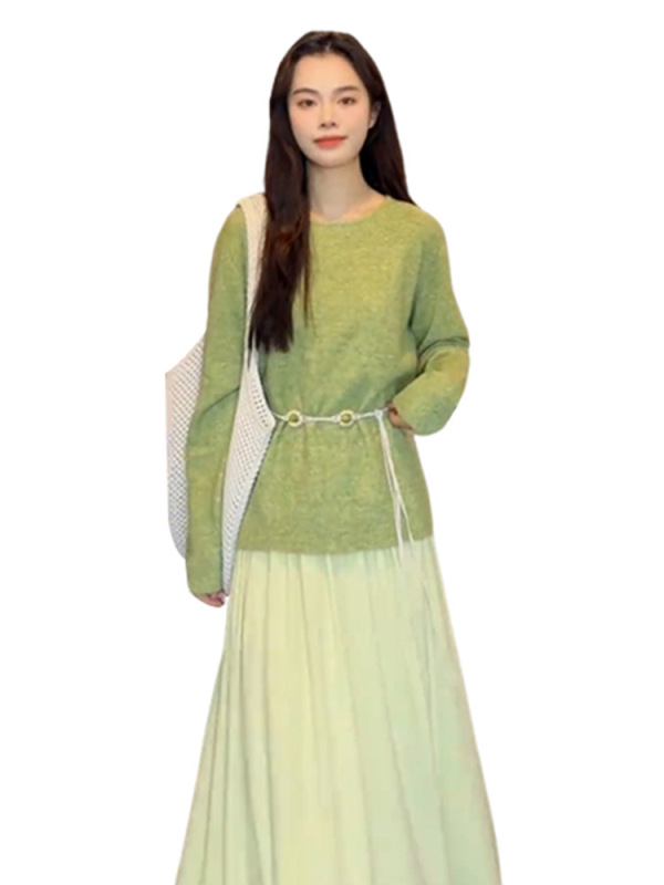 小香风绿色针织毛衣连衣裙子女2025早秋季新款韩系穿搭一整套长裙|undefined