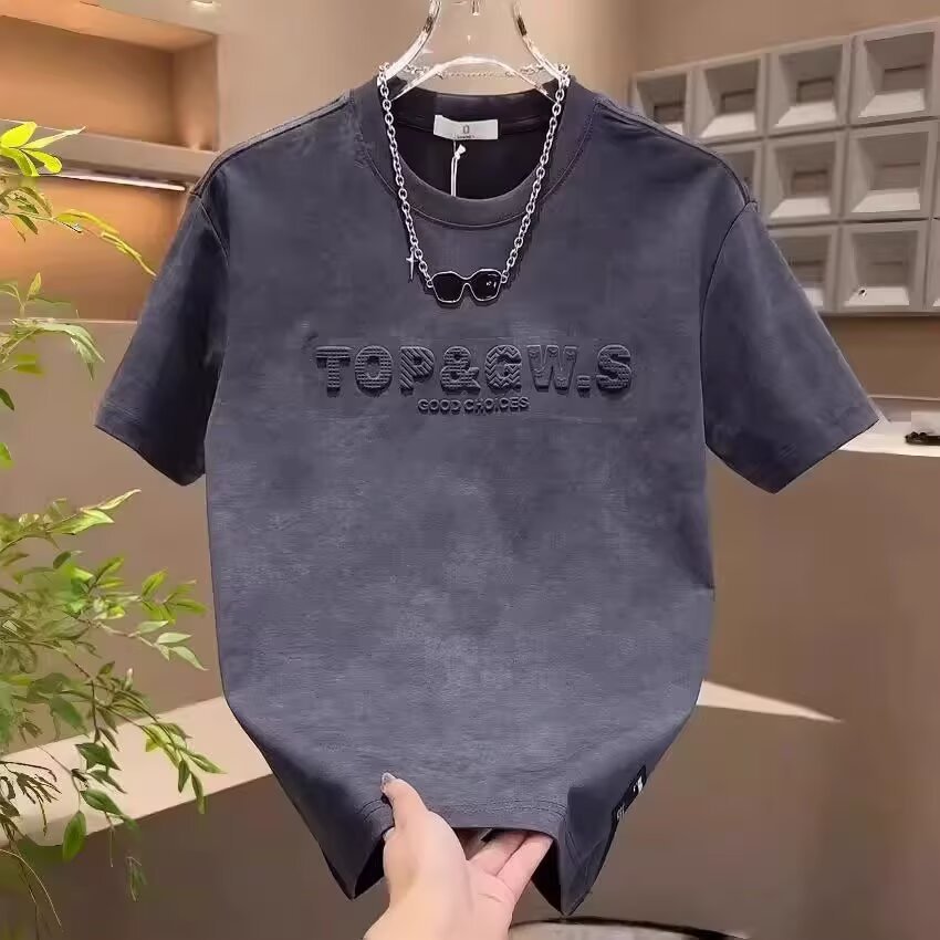 Camiseta de manga corta para hombres de verano, seda de hielo transpirable, nuevo estilo retro jacquard casual, suelto, versátil, cuello redondo, chaqueta de moda