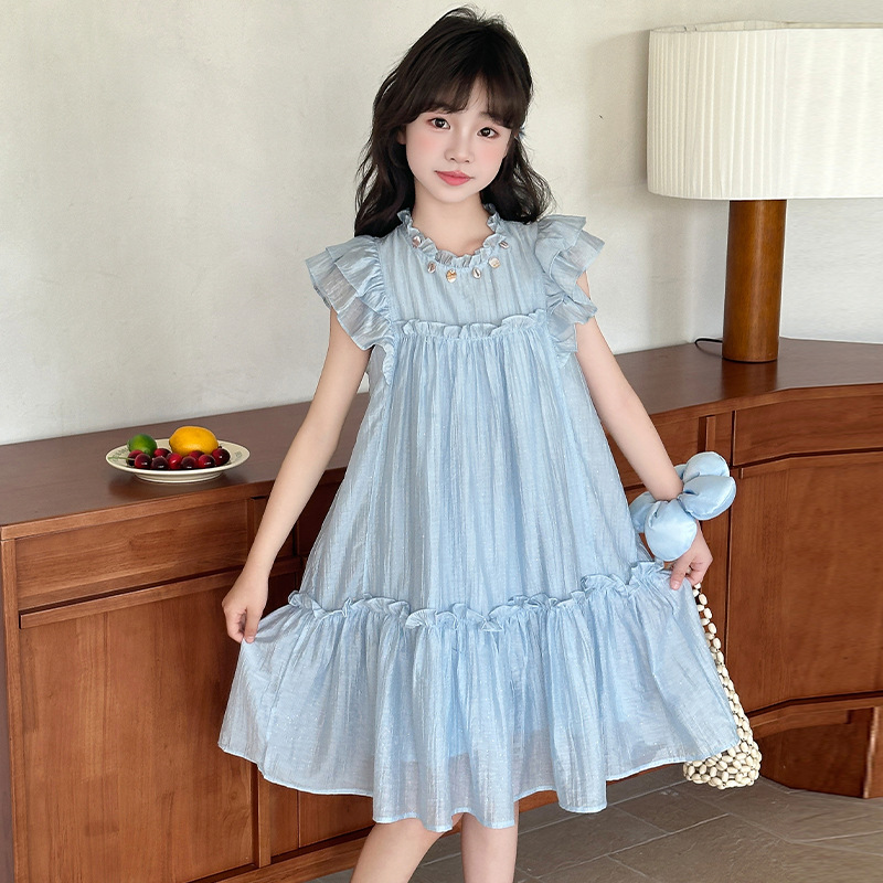 Girls Summer Dress Fashionable 2025 New Girl Flying Sleeve Princess Dress Summer Vest Sleeveless Chiffon Dress Trendy
