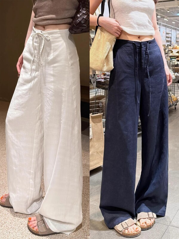 Navy Blue Cotton and Linen Wide-Leg Pants for Women, Summer Thin High-Waisted Loose Lazy Linen Casual Long Pants, Cross-Border Foreign Trade Wholesale Navy Blue Cotton and Linen Wide-Leg Pants for Women, Summer Thin High-Waisted Loose Lazy Linen Casual Long Pants, Cross-Border Foreign Trade Wholesale
