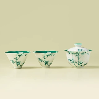 创意白瓷盖碗茶杯纯手绘翠竹轻奢高档家用新中式喝茶功夫茶具套装