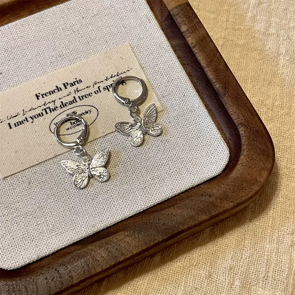 S925 Silver Needle Hand-made Silver Butterfly Retro New Chinese Elegant Commuter Earrings Women's Earrings Spring and Summer Ear Ring New
