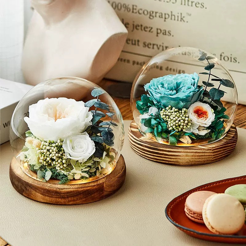 Flor eterna cubierta de vidrio rosa caja de regalo terminada Día de San Valentín boda novia regalo creativo decoración flor eterna