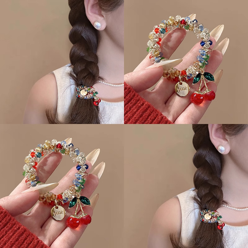 韓国ラインストーンカラフルなクリスタルブレスレット兼用ヘアバンドヘッドバンド親友ヘアロープチェリーゴムバンドポニーテール頭飾り女性用|undefined