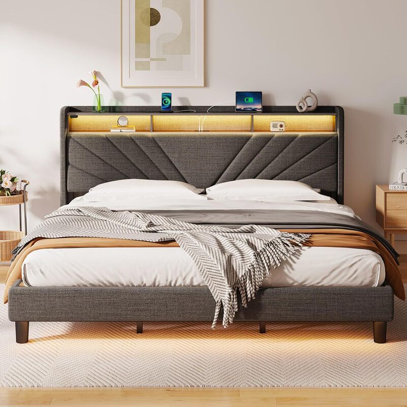 Queen Size Bed Frame Storage Headboard with Charging Station and LED Lights Upholstered Bed with Heavy Duty Wood Slat