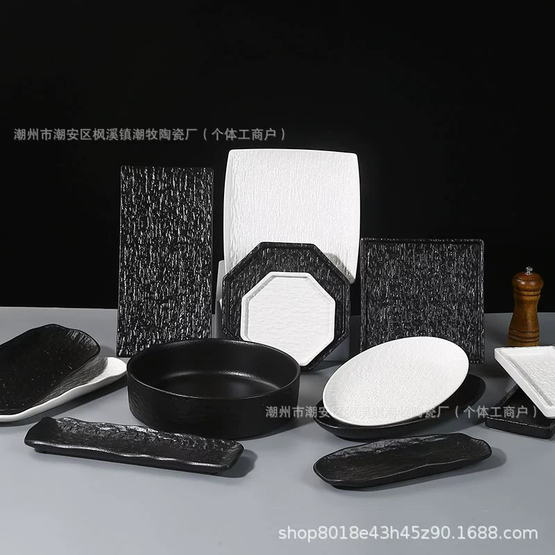 Stone‑pattern serving plates collection, multiple shapes (6–12") in white & black, thick edge