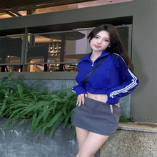 美式辣妹三条杠立领短款外套女秋季新款休闲运动蓝色长袖夹克上衣