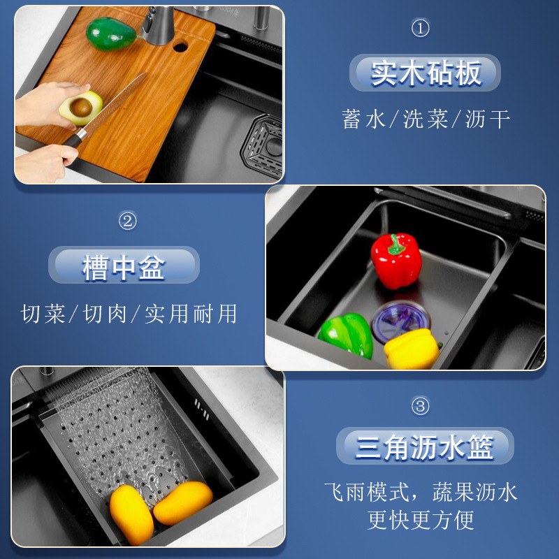 Cocina doméstica fregadero de acero inoxidable espesado mano gran tanque único nano negro lavavajillas lavavajillas tipo cascada