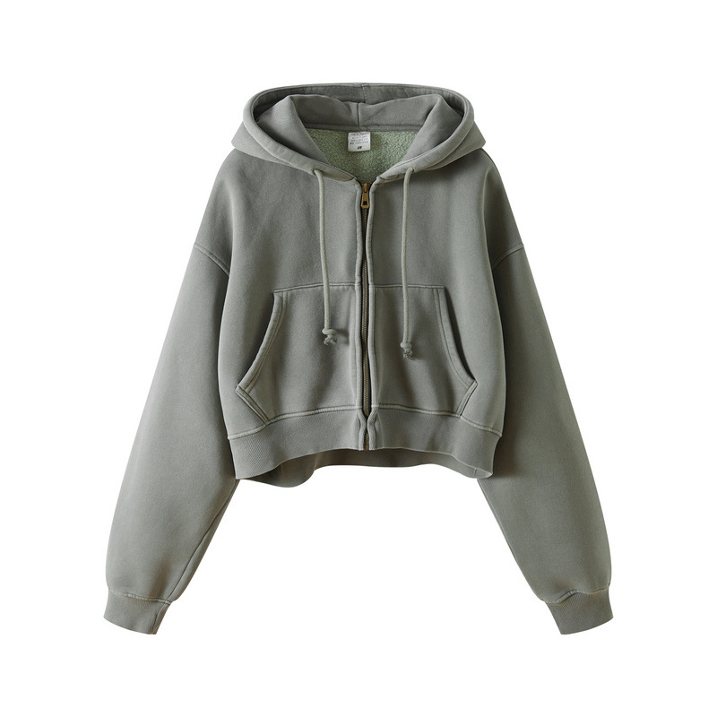 Men's Clothing high street fashion brand autumn and winter heavy 380G washed plus velvet zipper hooded sweatshirt retro hot girl short top_voghion.com