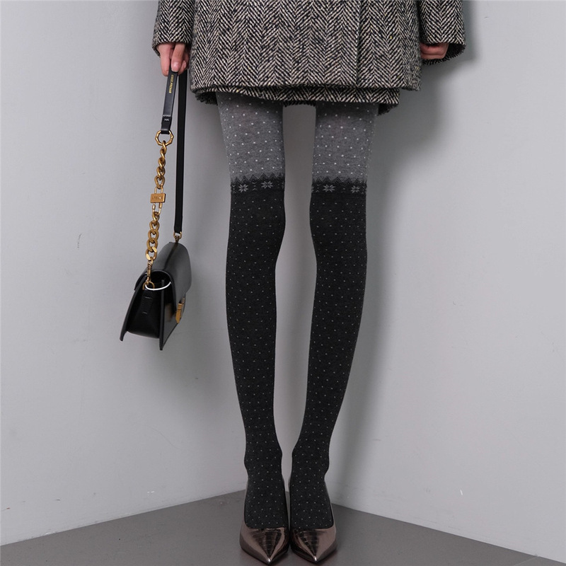 Autumn and Winter Fair Isle Pantyhose Christmas Atmosphere Snowflake Dots Gray Leggings Women's Over-The-Knee Splicing Leggings
