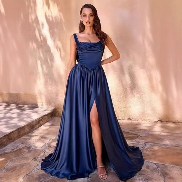 Amazon Solid Color Spaghetti Strap Evening Dress Banquet Party Foreign Trade European and American Dress with Slit Design Fashion Long Dress