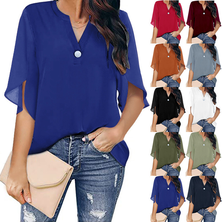 Amazon Women's European and American Foreign Trade Women's Short-sleeved Elegant Casual Solid Color V-neck Chiffon Shirt Women's 2024 New Style
