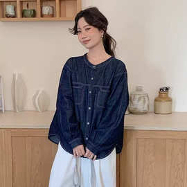 简梦翻领牛仔衬衫 2026春季新款 韩版圆领宽松大码衬衣外套女1141