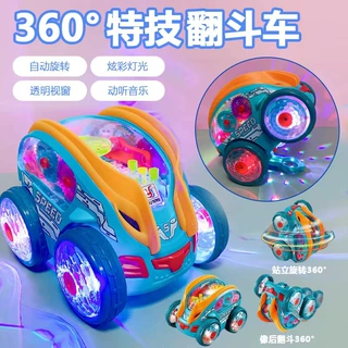 抖音同款电动特技旋转自动翻斗车带齿轮炫彩灯光音乐玩具一件代发