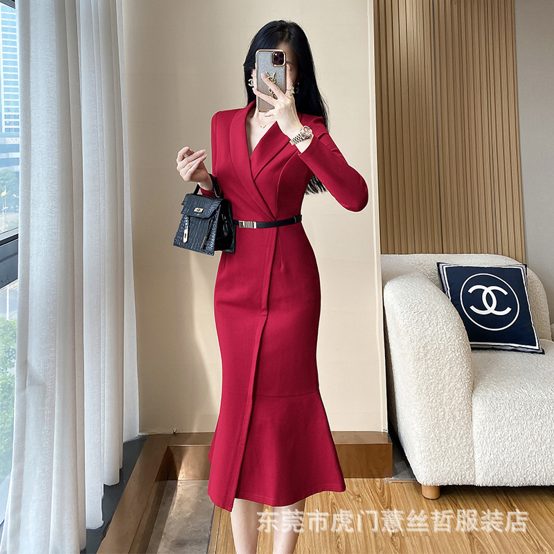 Fall/winter 1051 professional official goddess fan socialite temperament red fishtail dress-price not less than 228