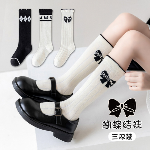 Baby Girl Princess Socks with Butterfly Bow, Spring and Autumn Cotton Socks for Girls, Lace Top Socks, Tall Socks for Big Kids, Baby Thigh High Socks with Sweet Design