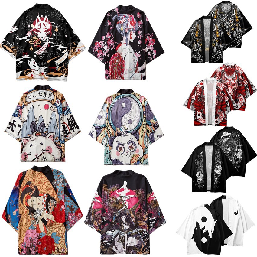 2023 New Ukiyoe Fox Mask Cloak National Style National Trend Lucky Cat Ancient Beauty Retro Kimono Robe