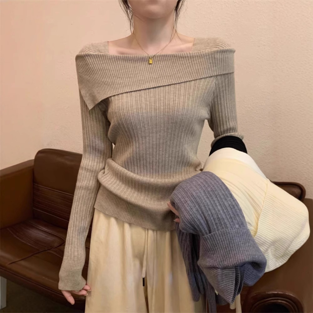 One-Shoulder Knitwear for Women 2025 Early Autumn New Bottoming Shirt with Niche High-End Slim Fit Top