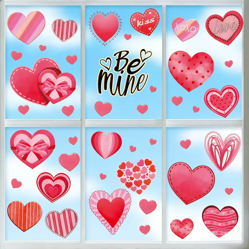 跨境情人节爱心图案玻璃窗装饰贴纸Valentine's Day心形自粘墙贴