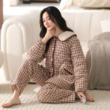 睡衣女士冬季梭织夹棉格子开衫保暖三层纯棉袄加厚冬款家居服套装