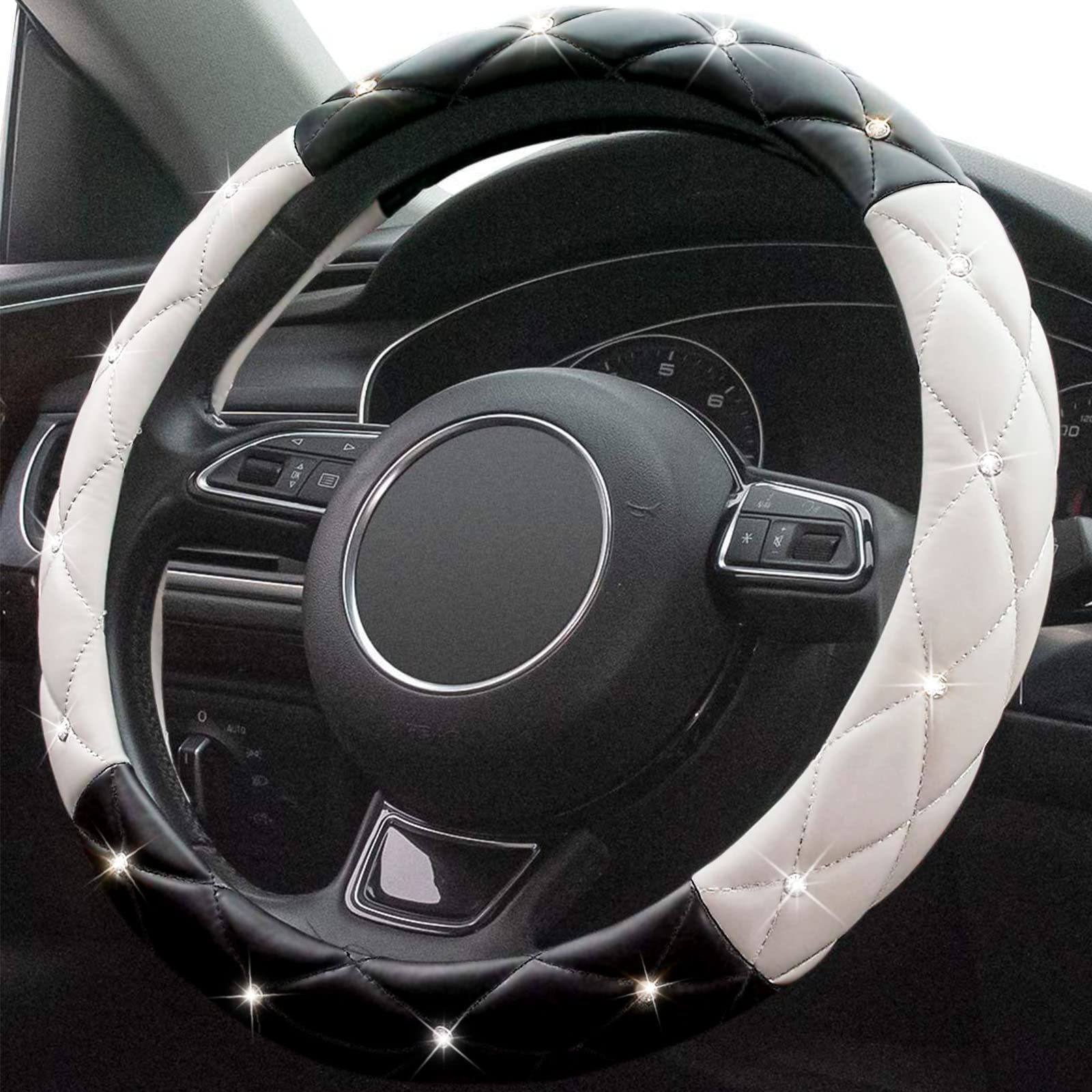 Factory Direct Sales Amazon Car Diamond-Studded Steering Wheel Cover, Universal for All Seasons, Soft Leather Anti-Slip Rhinestone Handle Cover