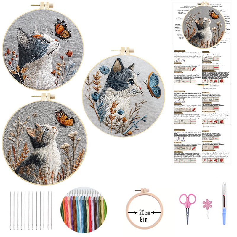 Cross-Border Cat Hand Embroider DIY Material Package for Beginners Simple DIY English Illustrated Fabric Cross Stitch