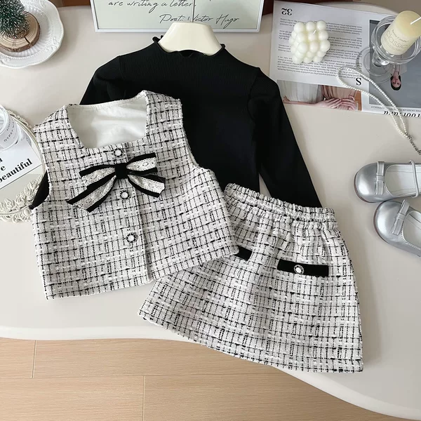 Autumn 2024 New Korean Style Girl's Chanel Style Vest Base Shirt Short Skirt Baby's Celebrity Three-Piece Set