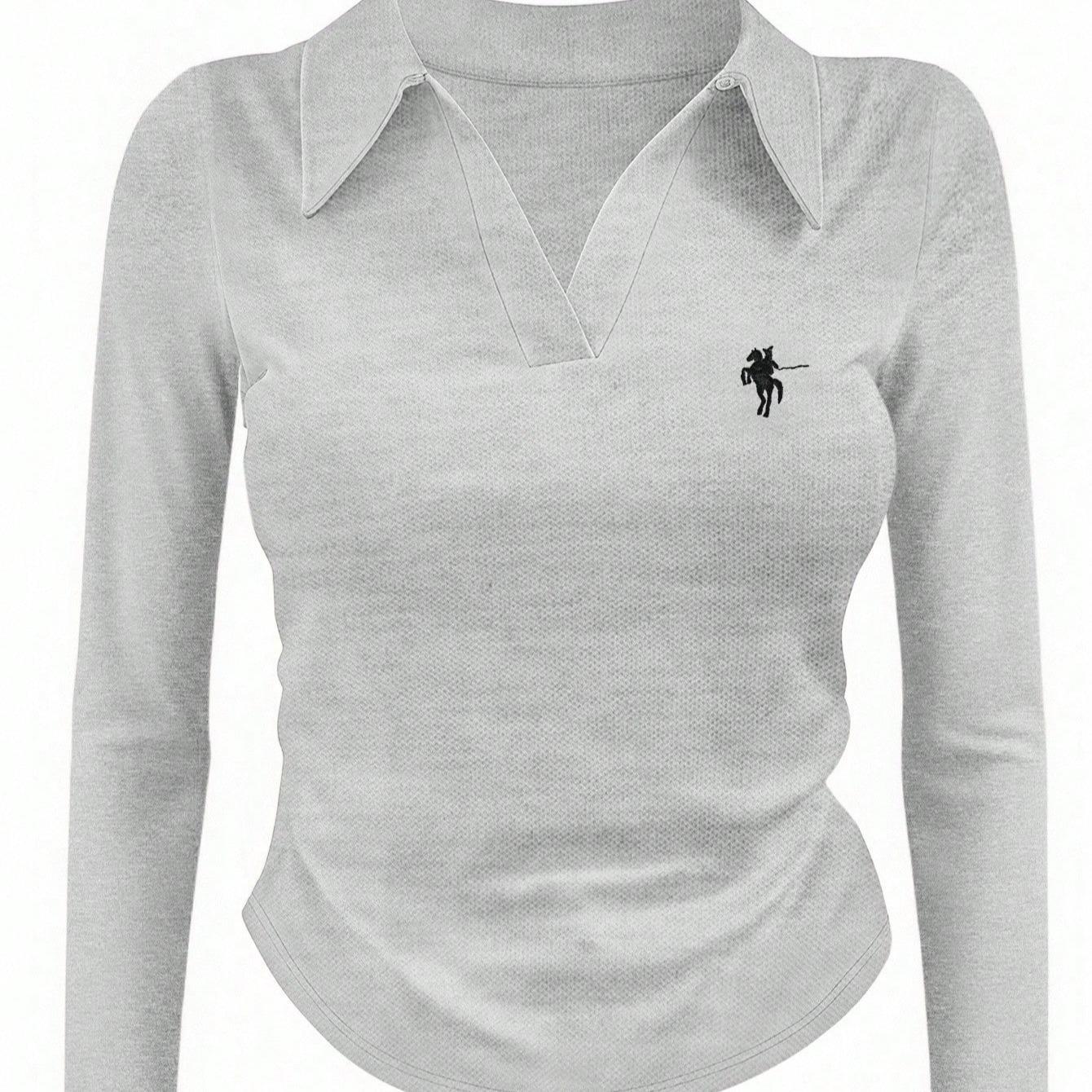 Women's Slim Fit Long Sleeve Polo Shirt Embroidered Knight Design Casual Versatile Top for Fall_ecoleips.com