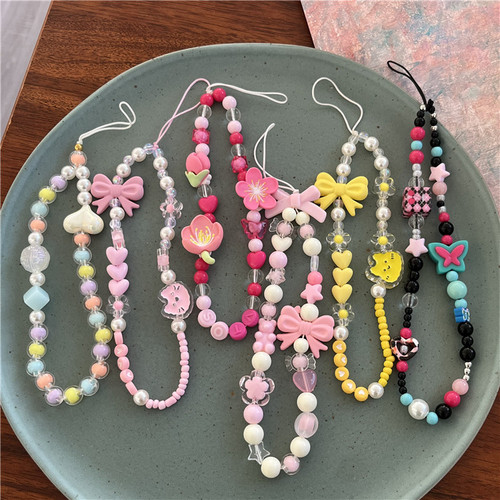Creative mobile phone chain pink girly style beaded bracelet pendant cute creative tulip lanyard key chain for women