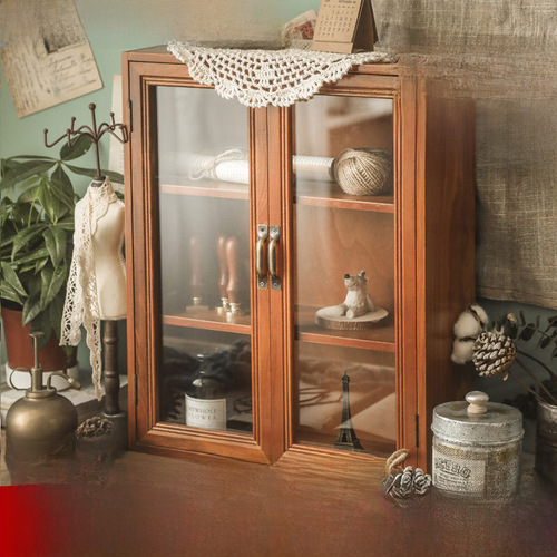 Desktop storage box, wooden and glass storage cabinet, shelf, household wood-made multi-layer cosmetic organizer, retro style