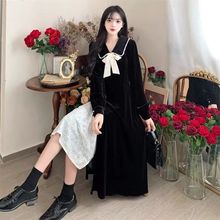 法式赫本风金丝绒连衣裙女秋冬新款大码胖mm高级感气质黑色长裙子