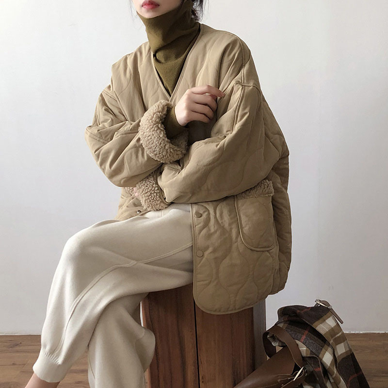 浅色无领羊羔毛拼接棱形格棉衣中款棉袄女款冬季老钱风小个子棉服