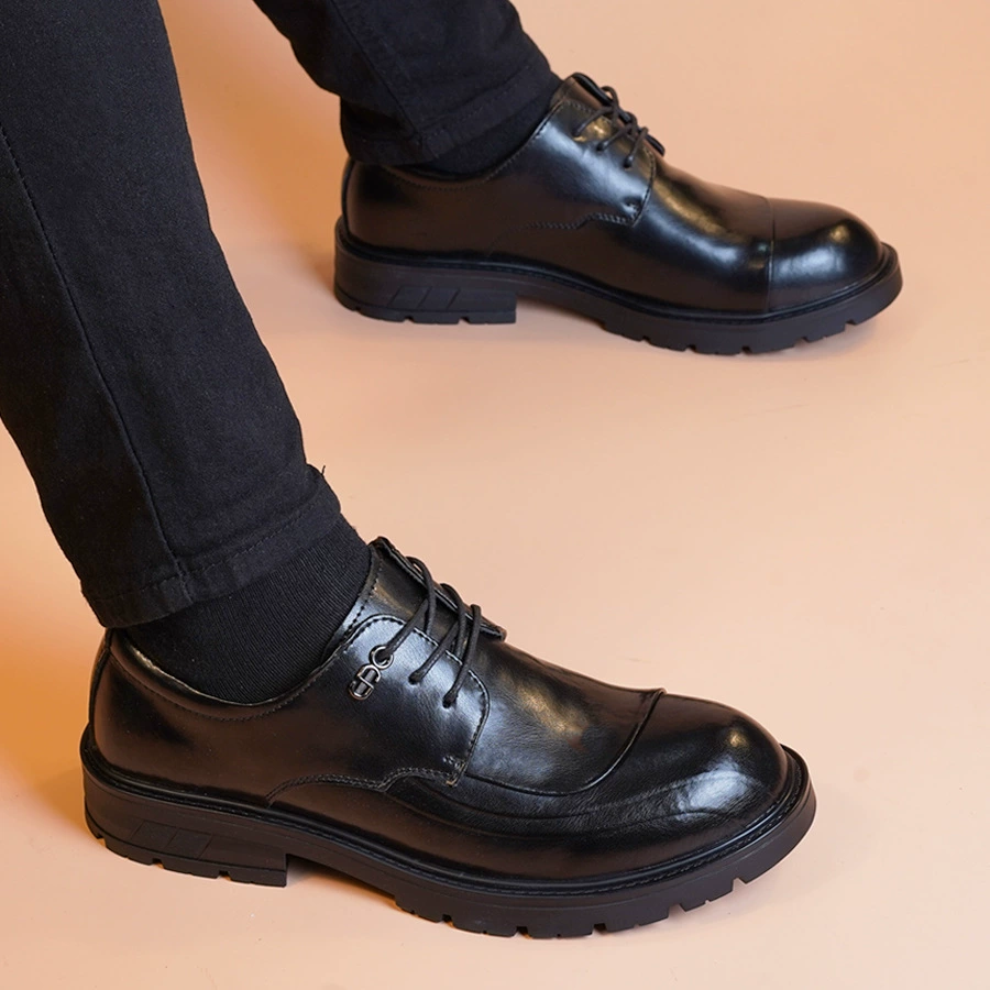 Весенне-осенние новые мужские деловые кожаные туфли с круглым носком. Мужская дышащая формальная модная обувь из натуральной кожи на шнуровке. Повседневная повседневная мужская обувь.