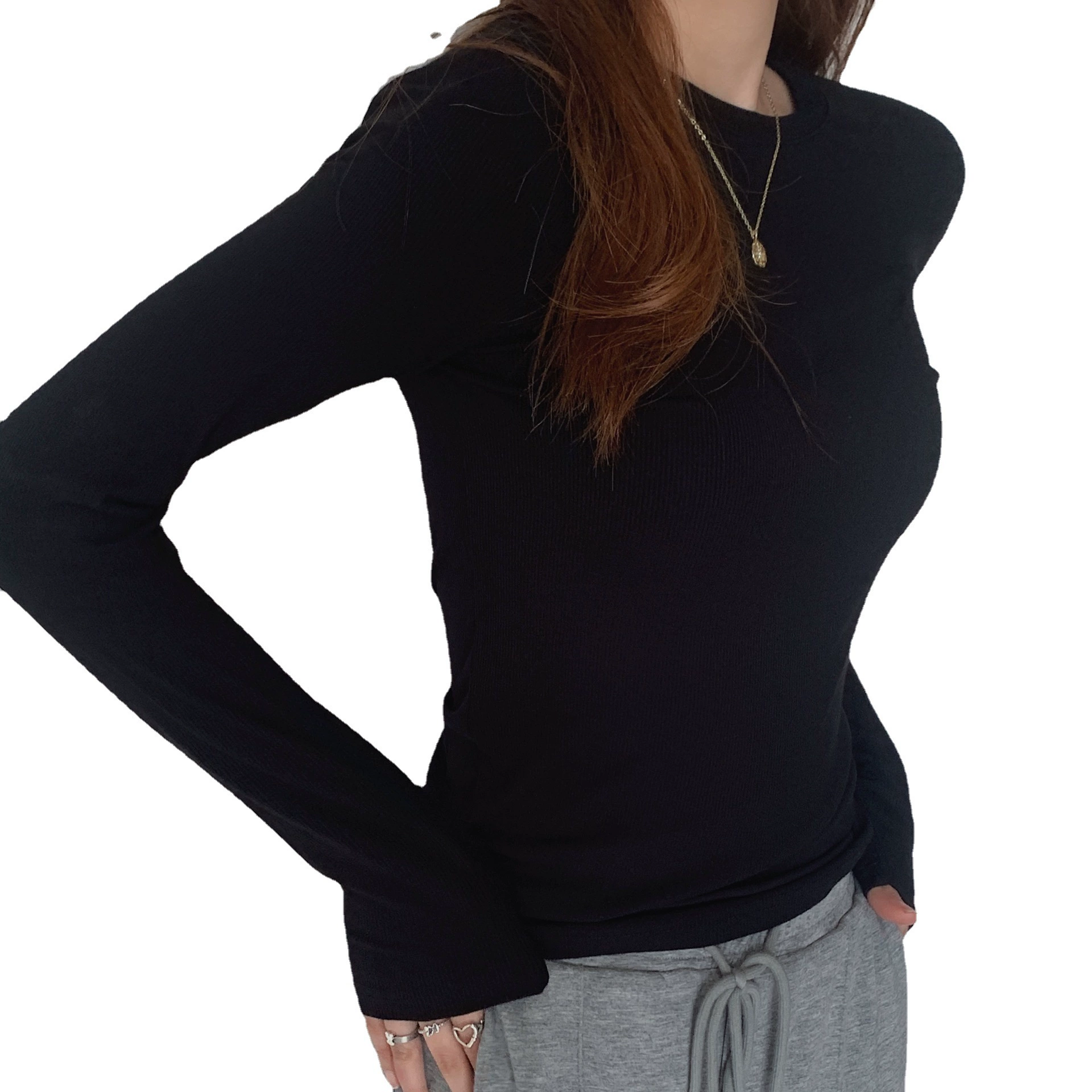 Long-Sleeve Slim-Fit Top, 300 g Body-Friendly Knit, Fitted Crewneck (2–XXL Colors Ivory/Black/Gray)