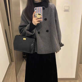 灰色短款呢子大衣女秋冬娃娃领复古加厚小个子韩系赫本风毛呢外套