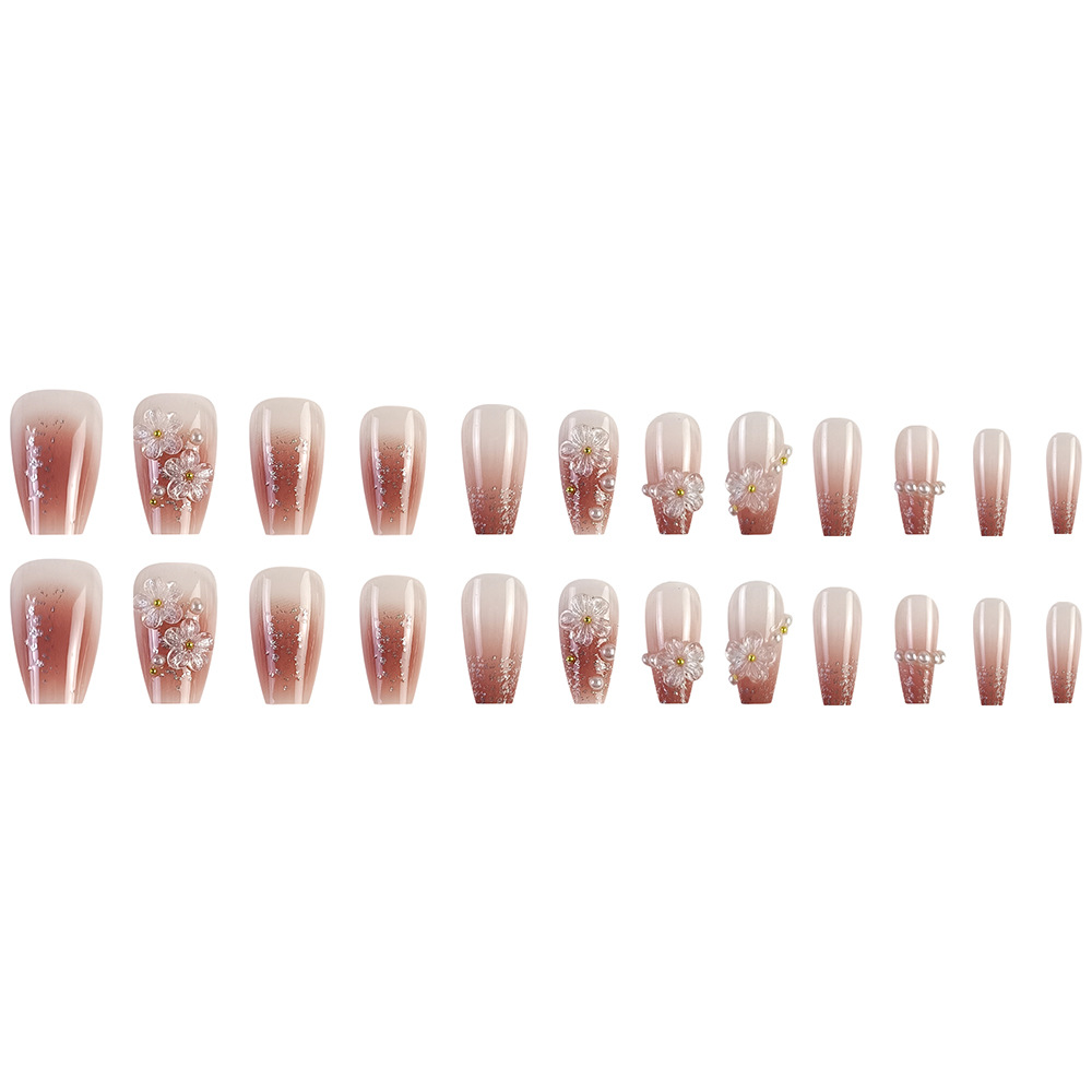 Polvo marrón de perla de flores de manicura suave polvo de brillo de hadas para usar uñas cortas 24 piezas de parche de uñas terminado