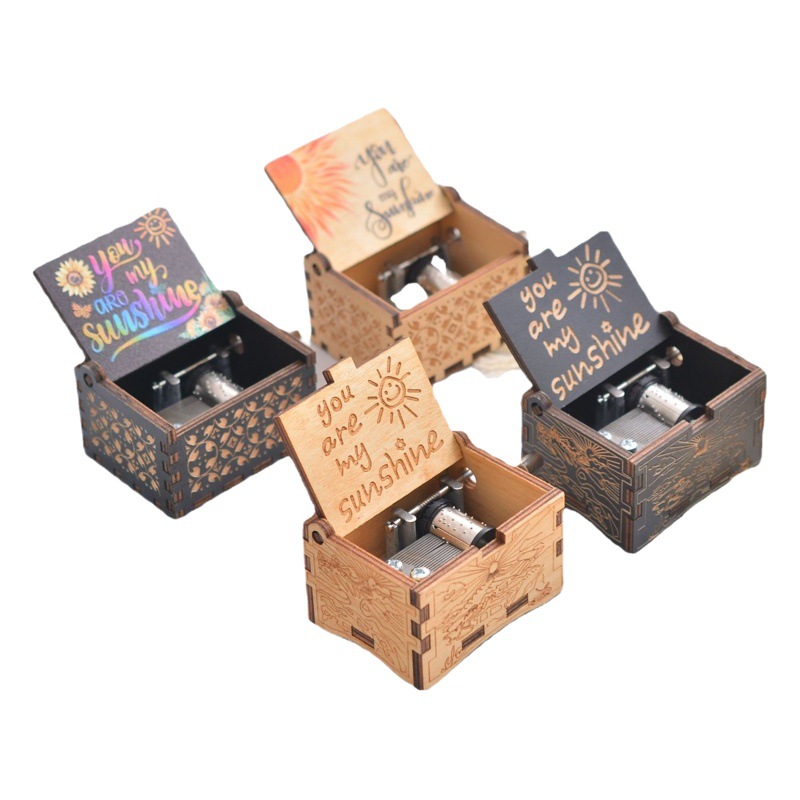Caja de música de madera Caja de música de manivela tallada vintage Caja de música de madera Impresión en color UV transfronteriza Eres mi sol