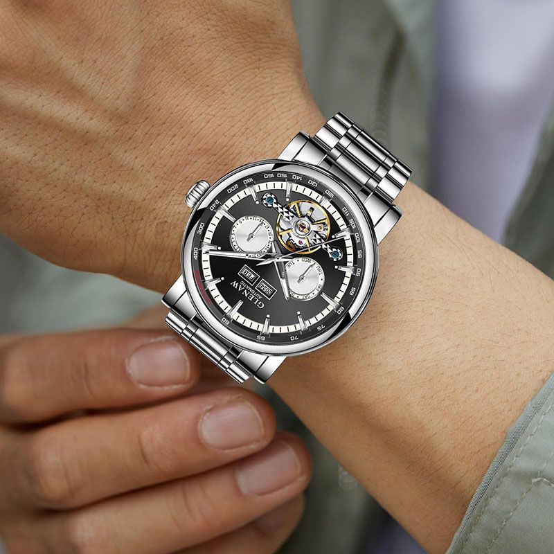 Đồng hồ nam automatic skeleton lộ máy, chống nước, dây thép không gỉ — 8678 Vòng tròn vàng Mặt vàng Vỏ bạc Dải thép bạc, 8678 vòng trắng mặt xám vỏ bạc đai thép bạc, 8678 Vòng tròn đỏ Mặt xám Vỏ bạc Dải thép bạc