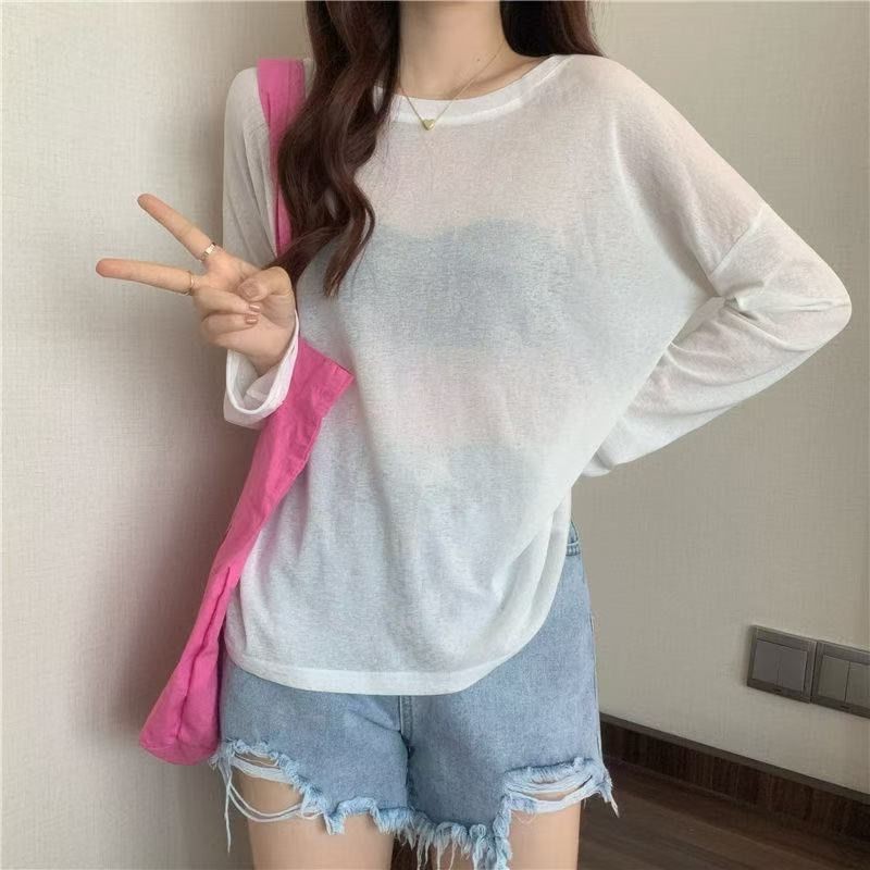 Loose-fitting long-sleeved ice silk sun protection T-shirt, women's summer new Korean style solid color round neck slim fit versatile top